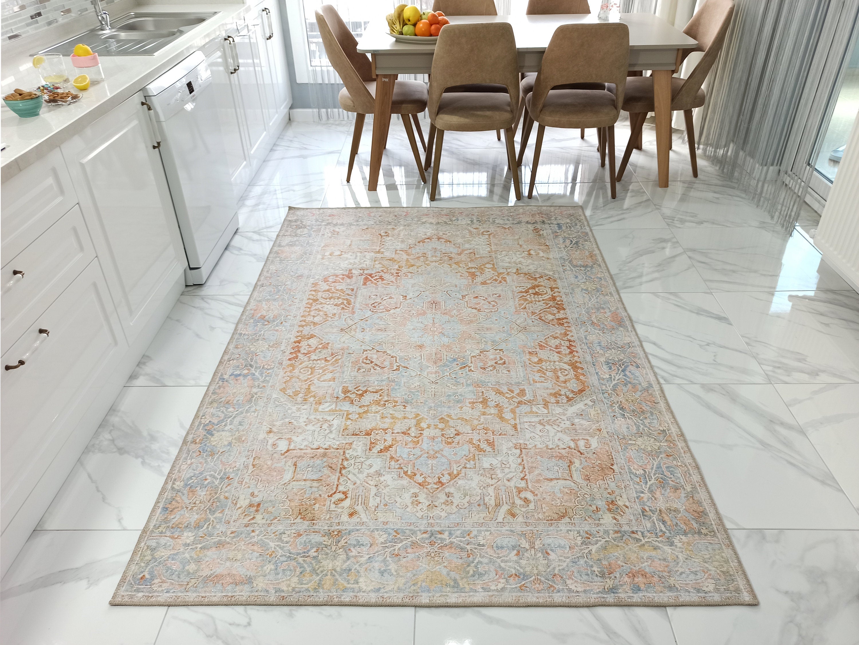 Hara Rug Faded Beige & Blue Oriental Rug - famerugs