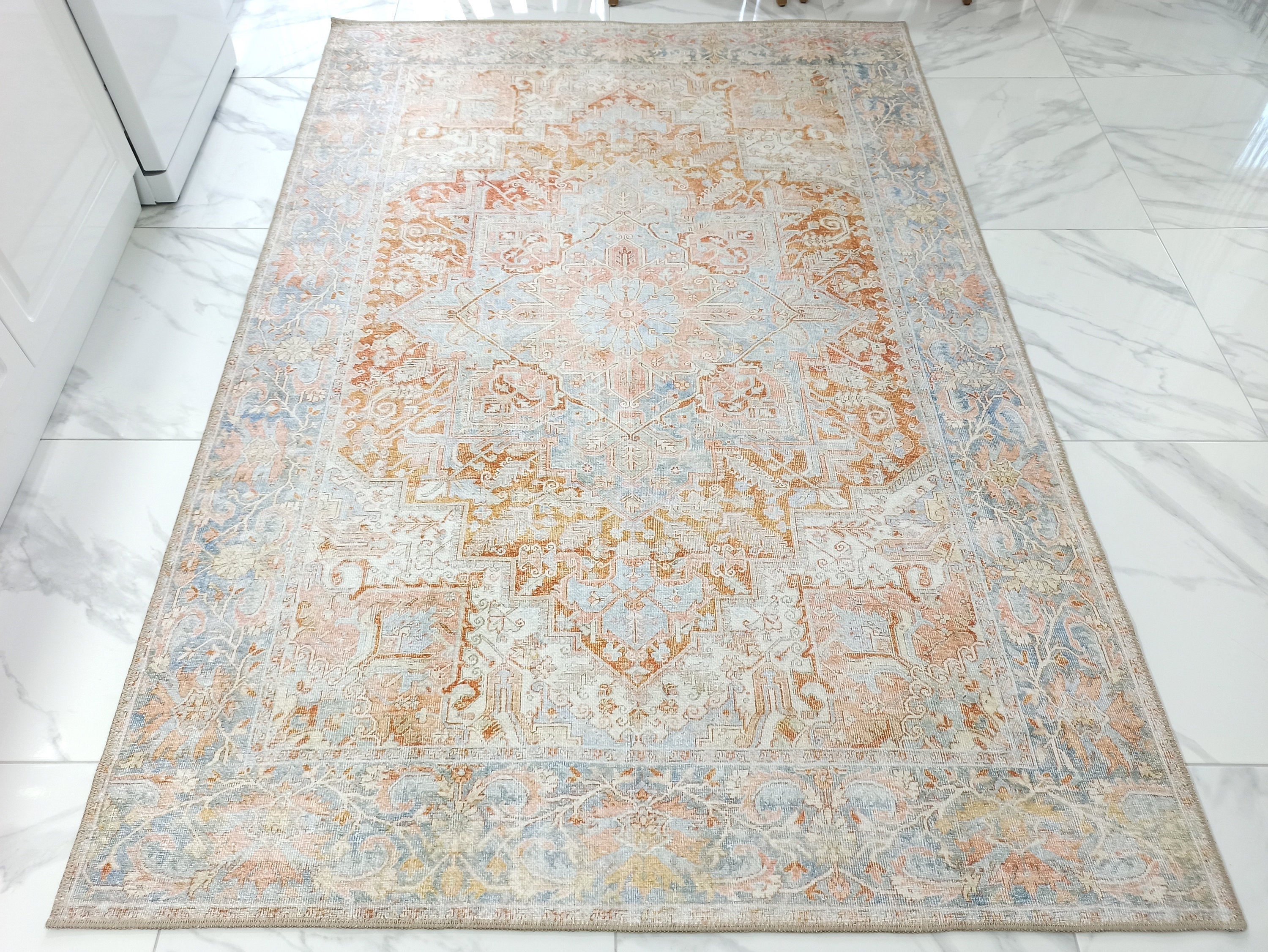 Hara Rug Faded Beige & Blue Oriental Rug - famerugs