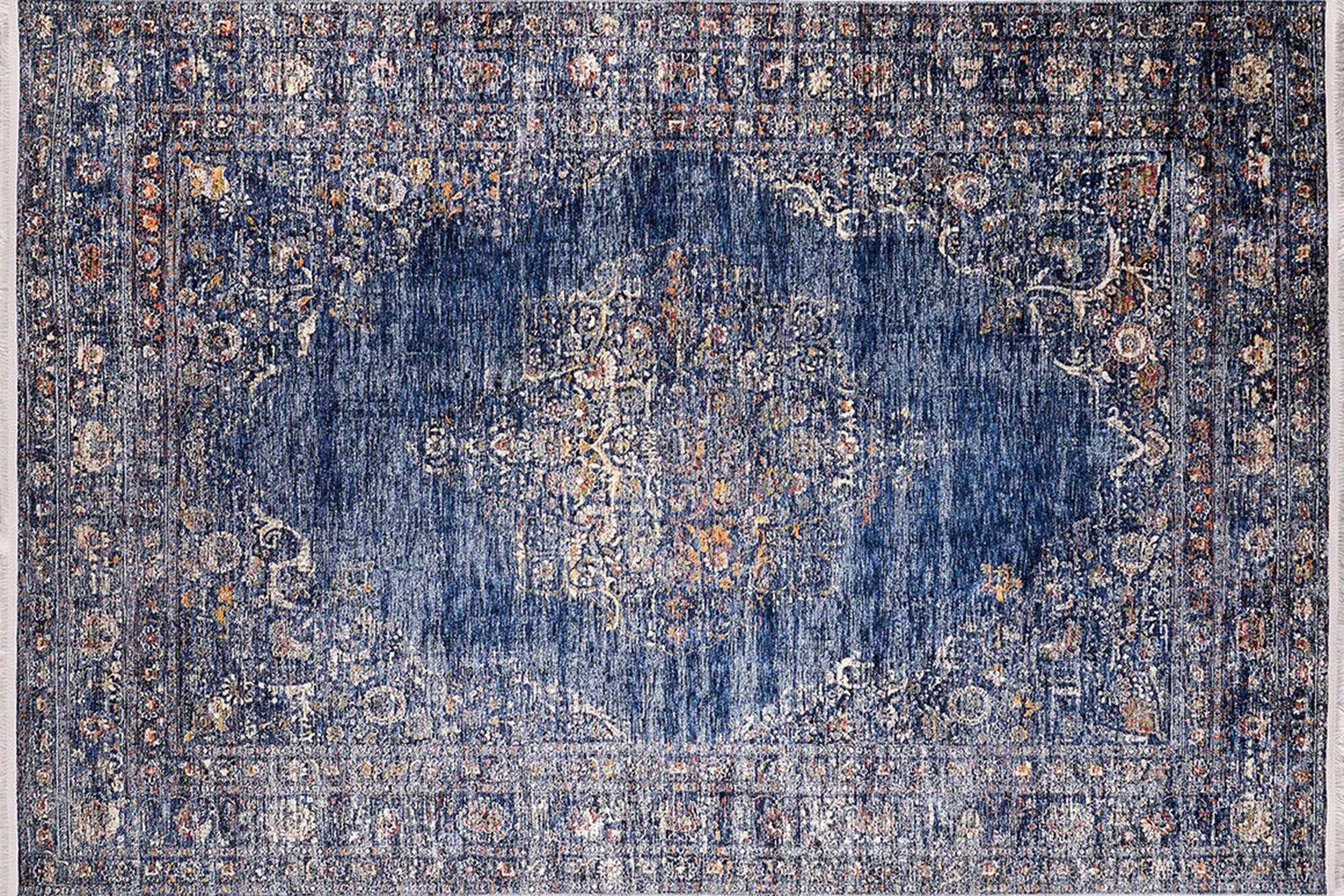 2x3 Turkish Blue Rug, Small Area Rugs 3x5 4x6 Traditional Vintage design Luxury Rugs for Kitchen Bathroom Bedside Bedroom Entryway Laundry - famerugs