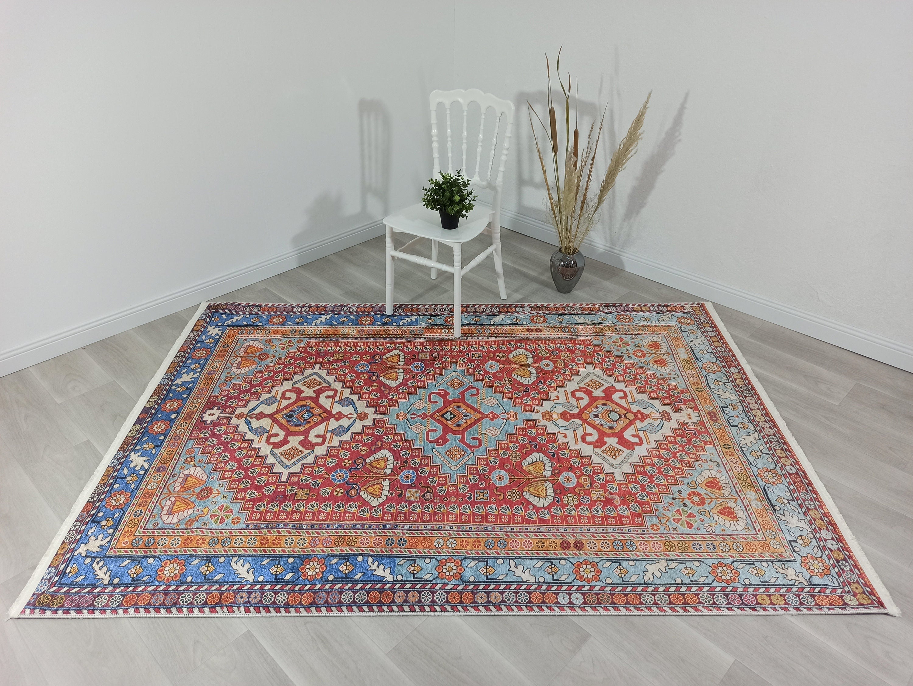 Adia Rug Turkish Red Orange Blue Rug - famerugs