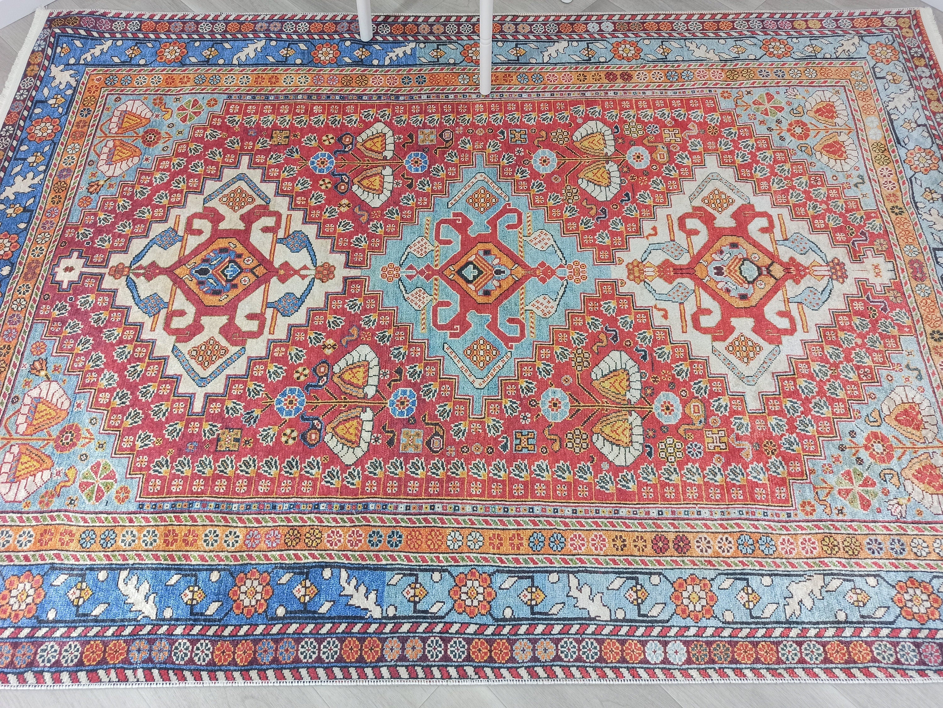 Adia Rug Turkish Red Orange Blue Rug - famerugs