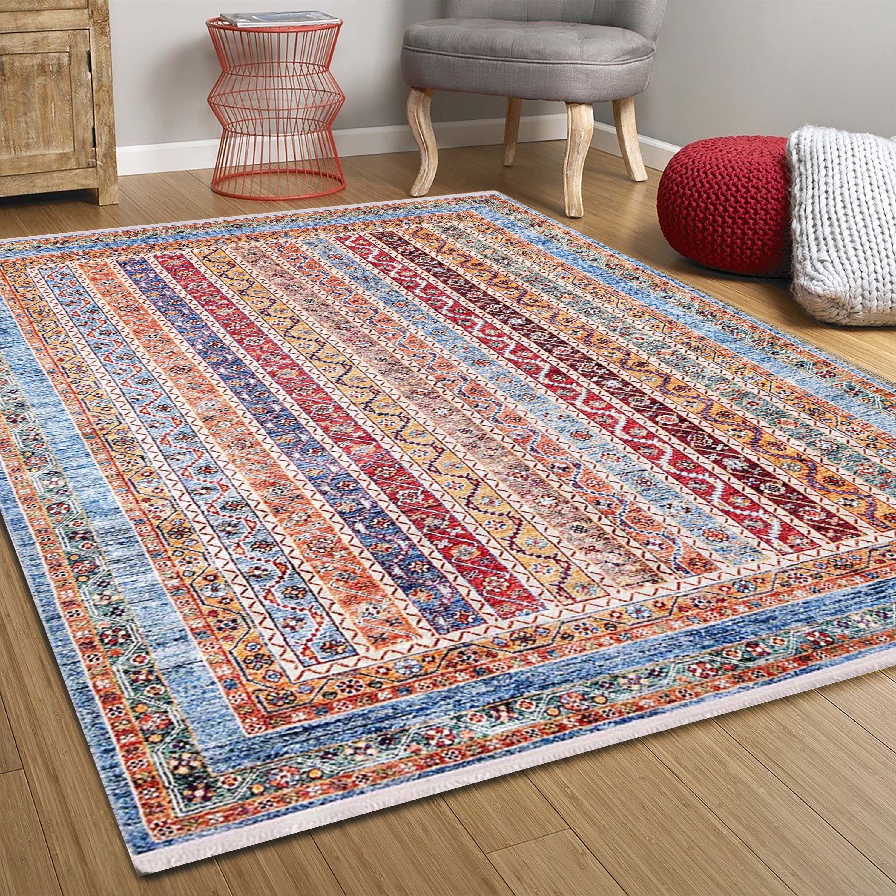 2x3 Turkish Rug, Orange Blue Rugs, Small Area Rugs 3x5 4x6 Traditional Vintage Design Rugs For Kitchen Bathroom Bedside Bedroom Entryway - famerugs