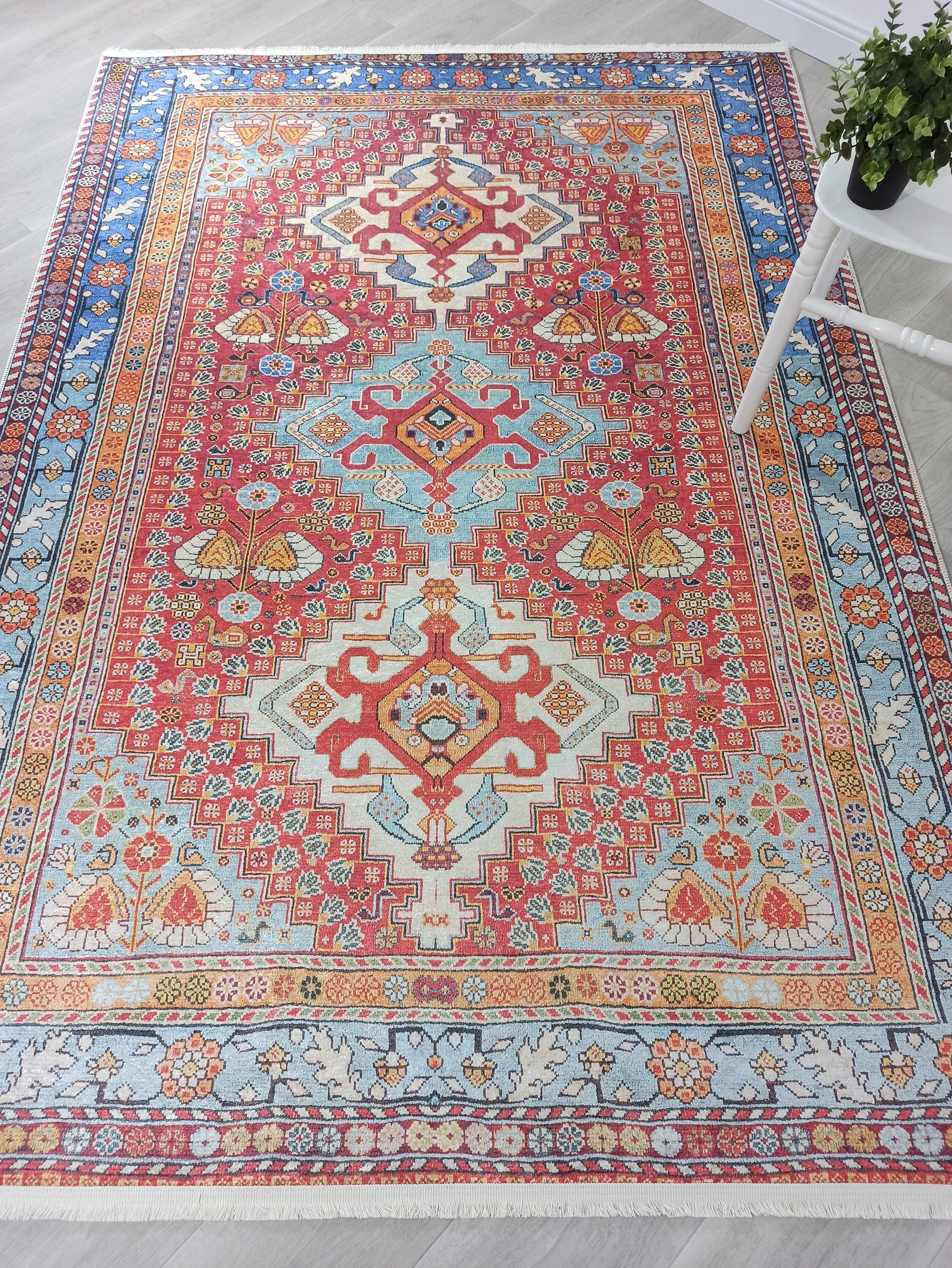 Adia Rug Turkish Red Orange Blue Rug - famerugs