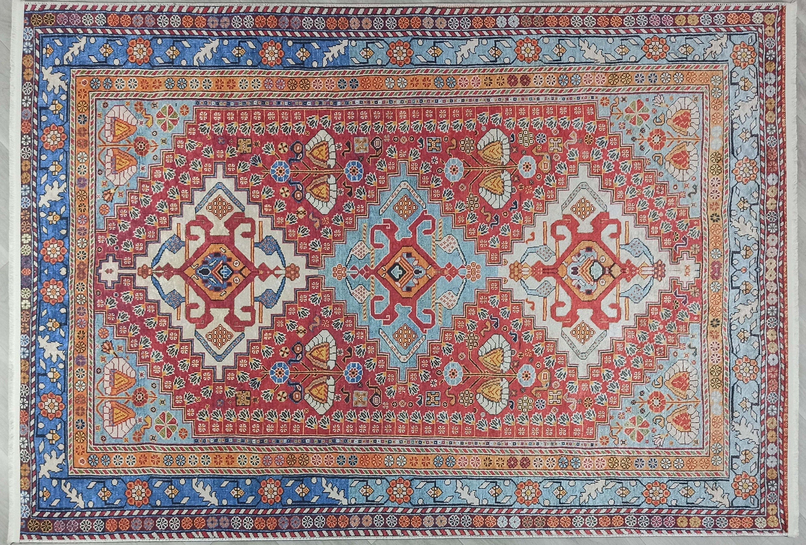 Adia Rug Turkish Red Orange Blue Rug - famerugs