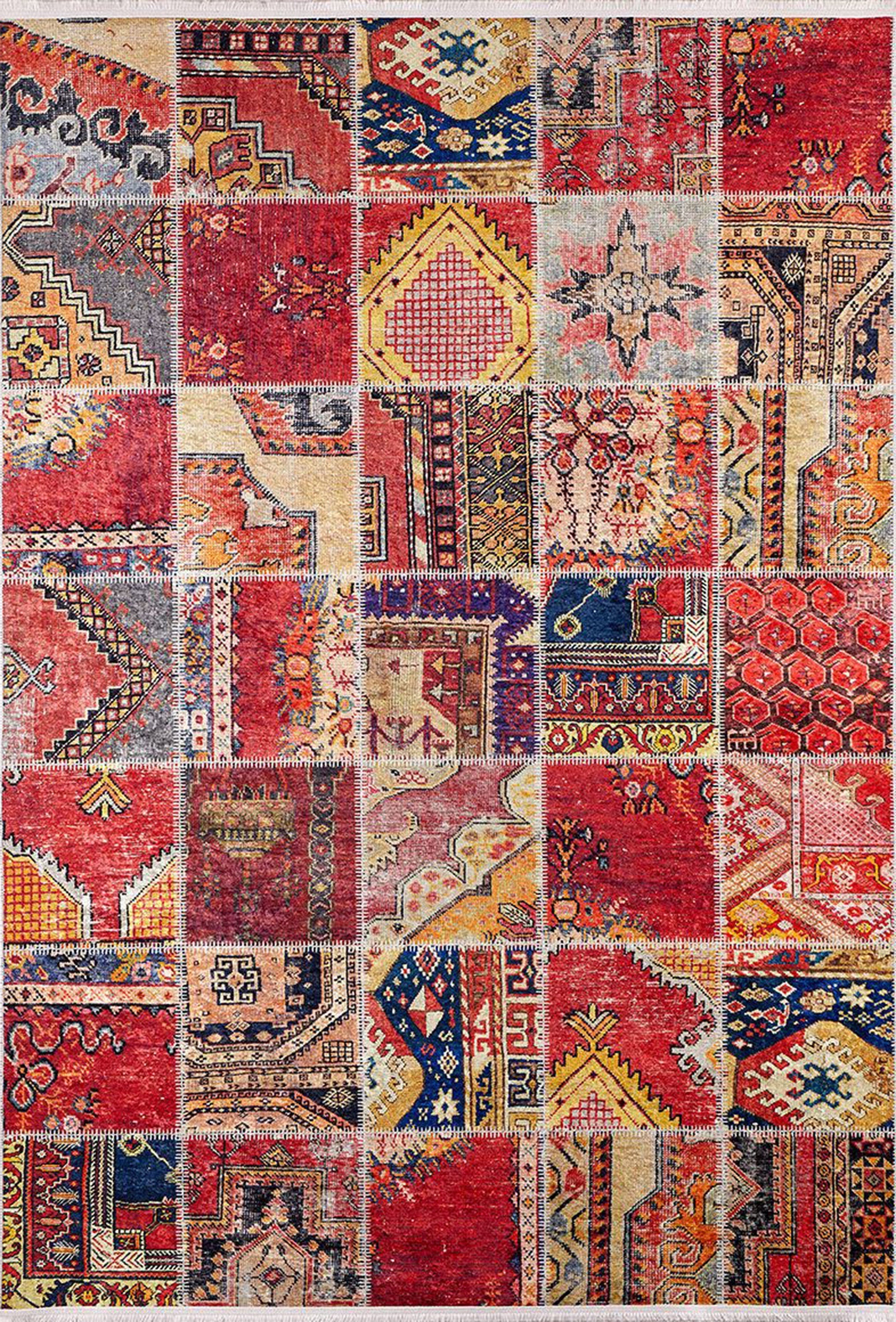 Afya Red Turkish Patchwork Rug - famerugs