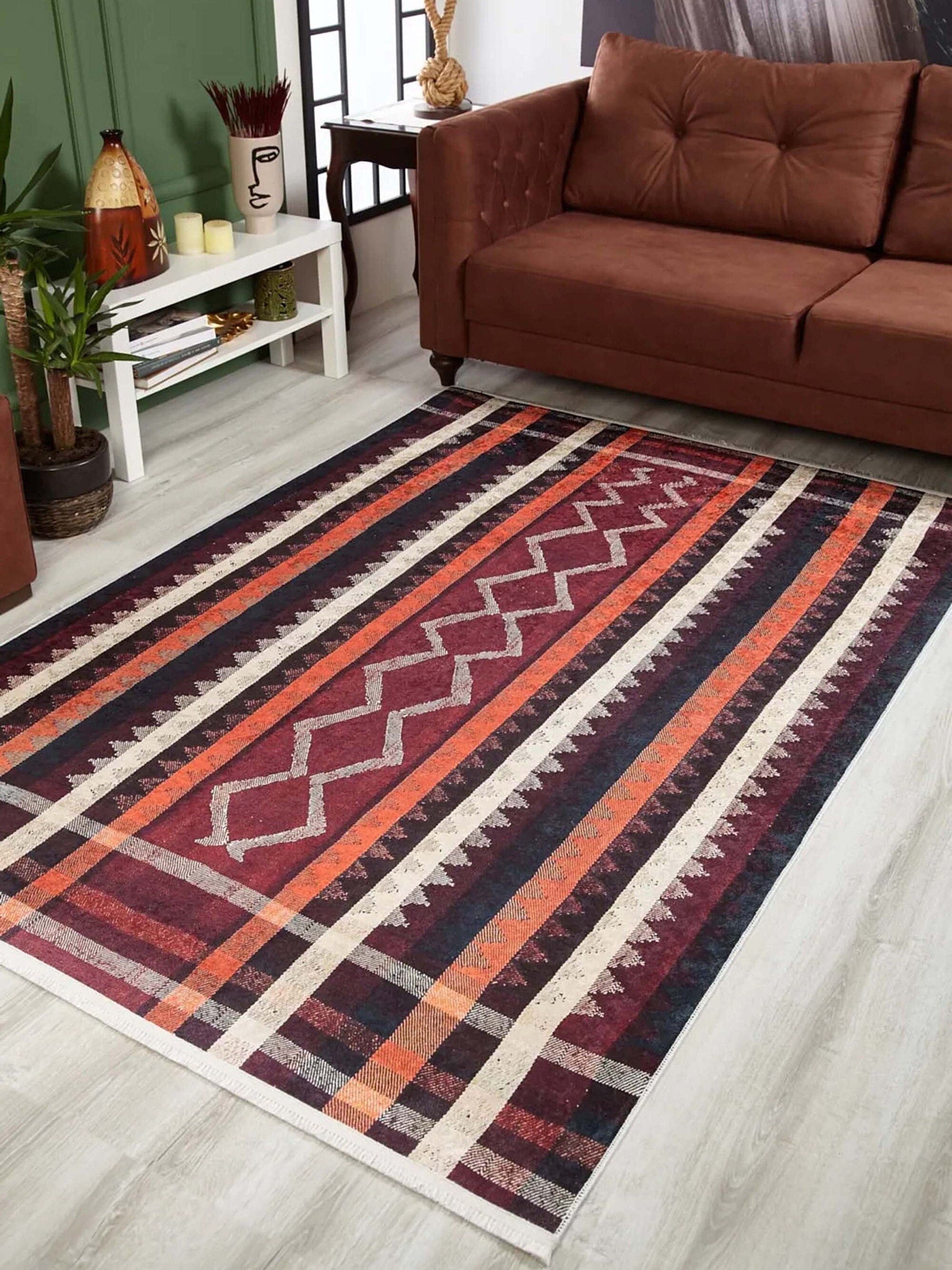 Afaf Turkish Orange Black Beige Kilim Rug - famerugs