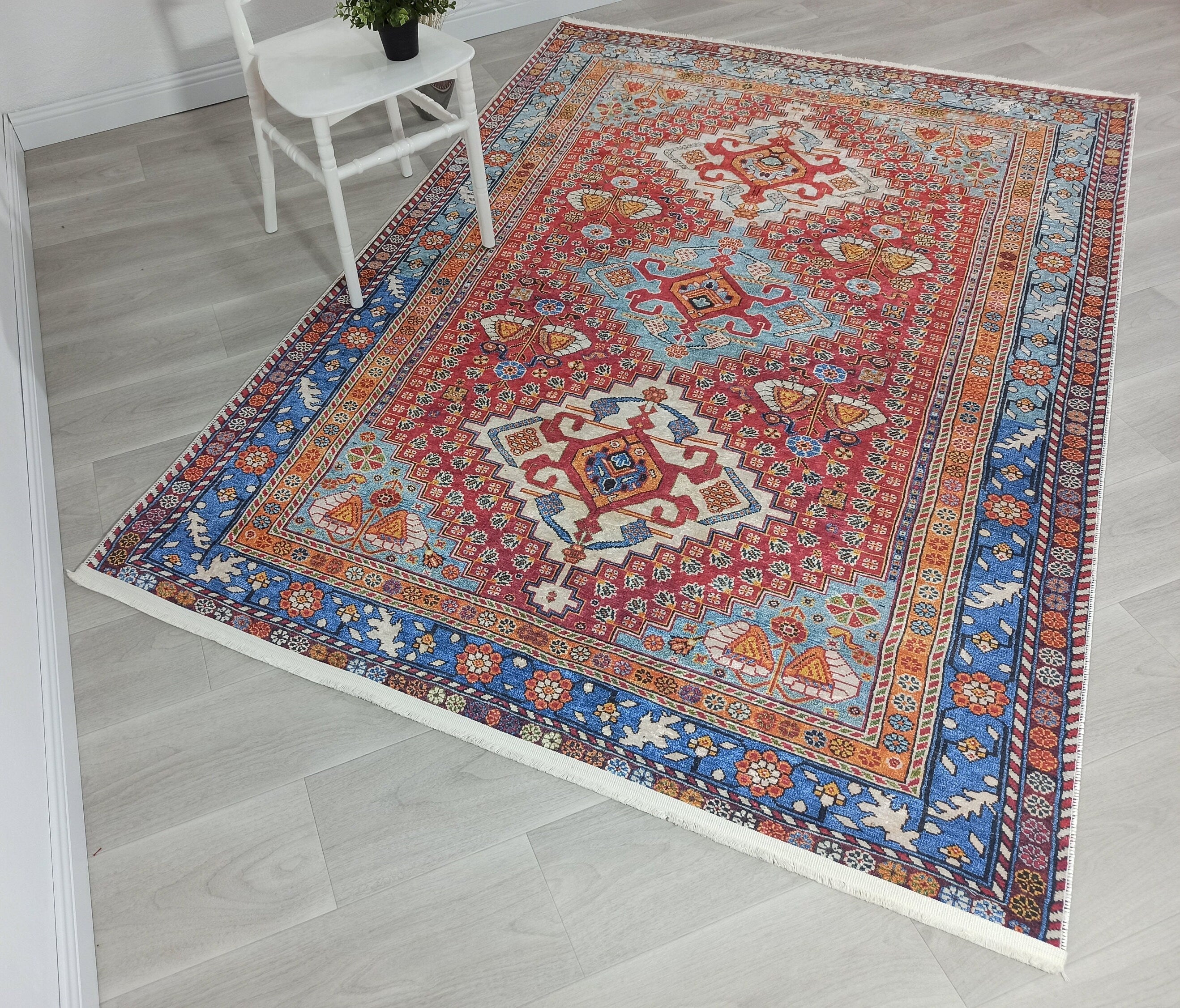 Adia Rug Turkish Red Orange Blue Rug - famerugs