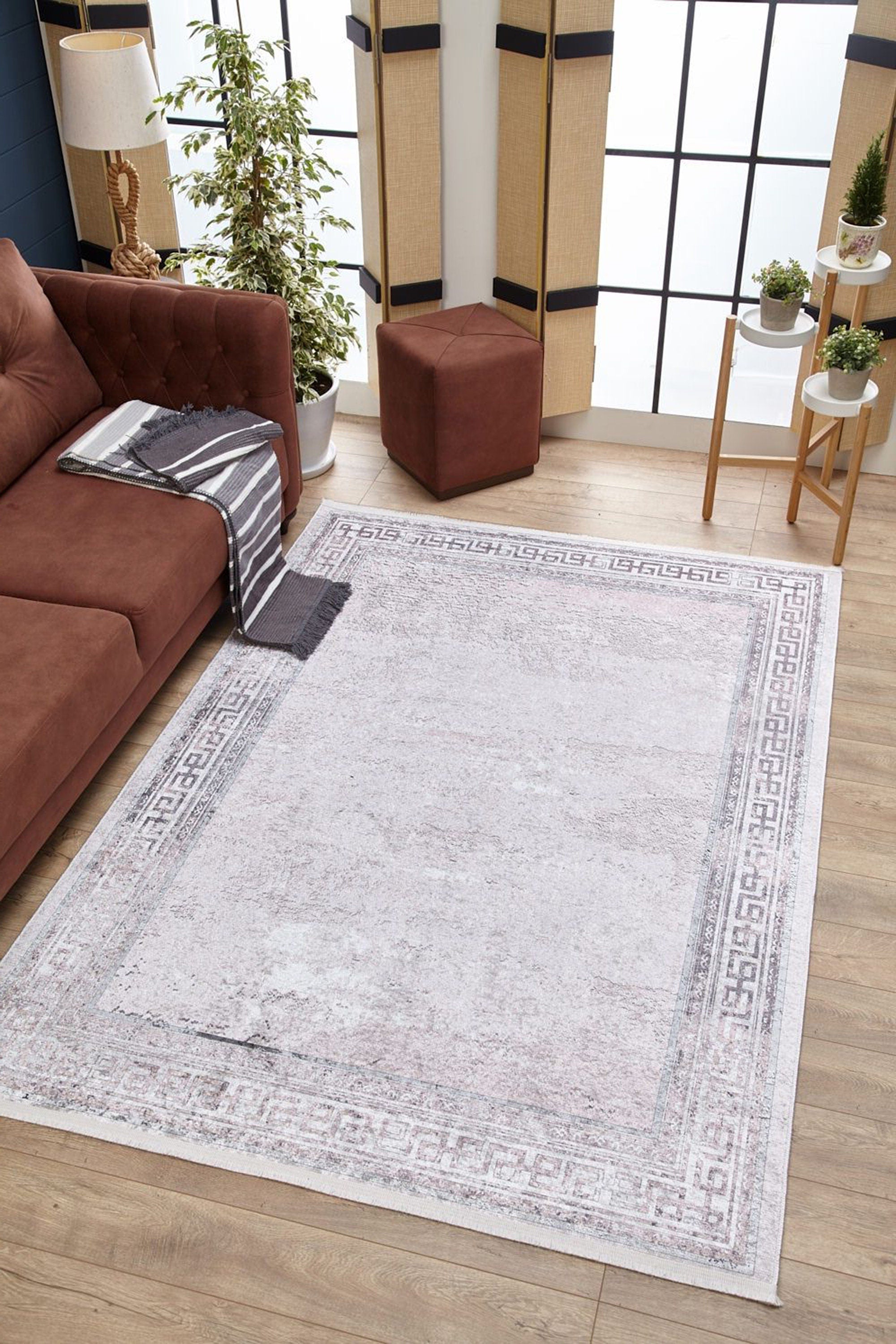 Key Geometric  White Light Pink Gray Rug - famerugs